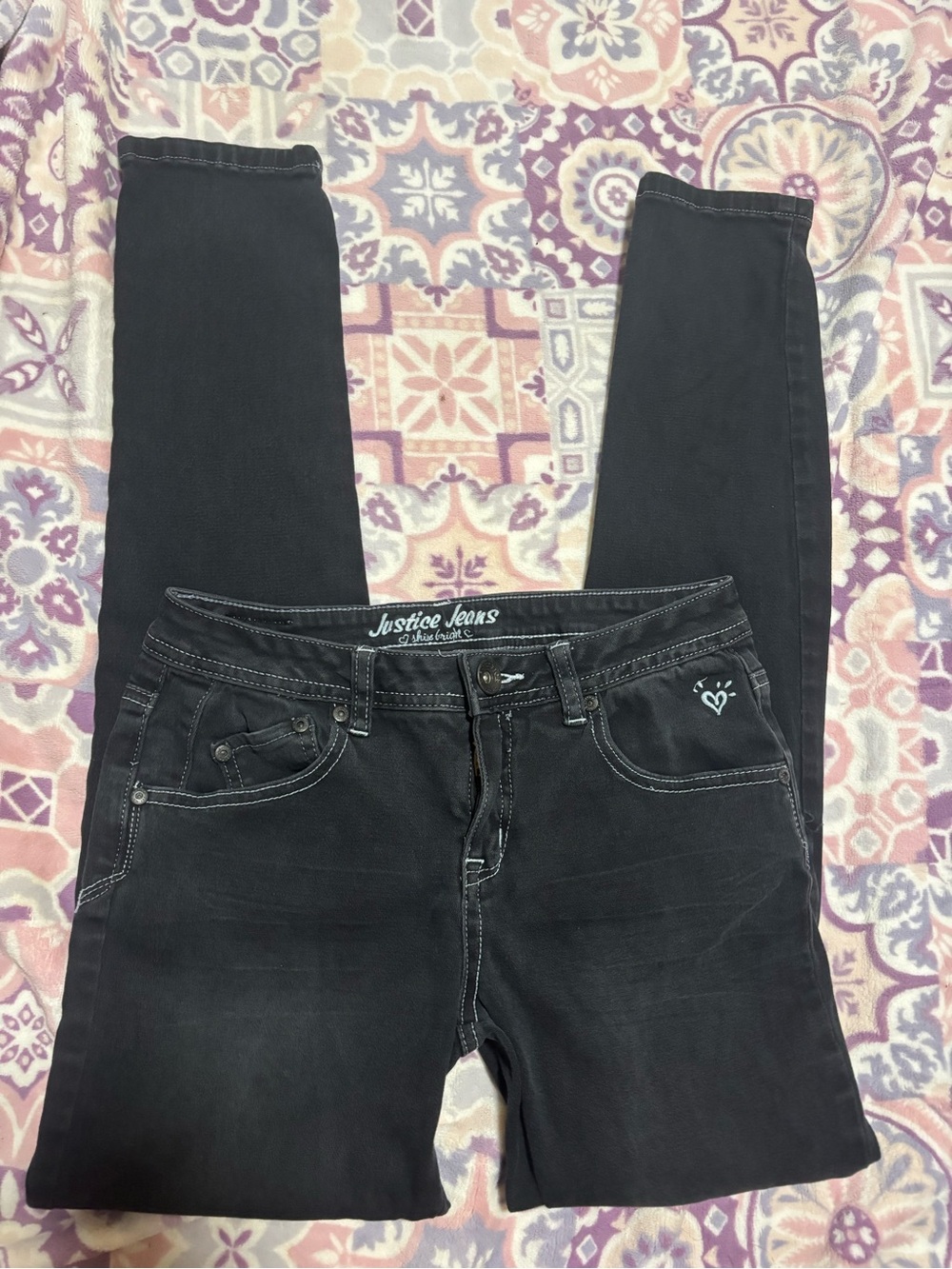 Justice Black Skinny Jeans with Heart Accent